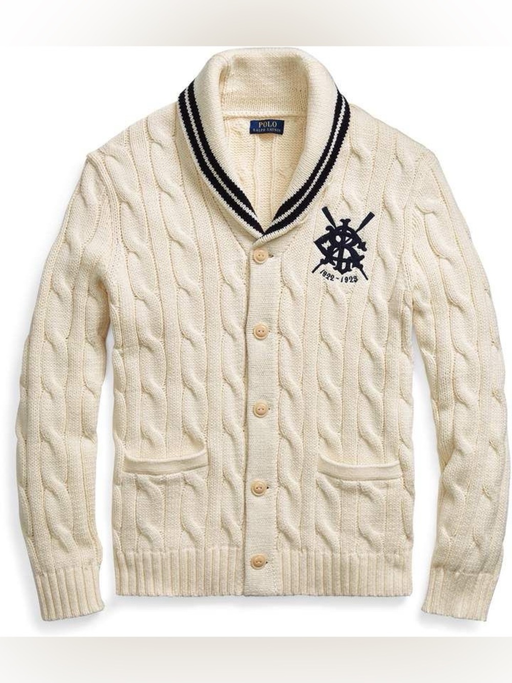 Vintage Polo Ralph Lauren Cream Cable-Knit Shawl-Collar Cardigan with Navy Tri